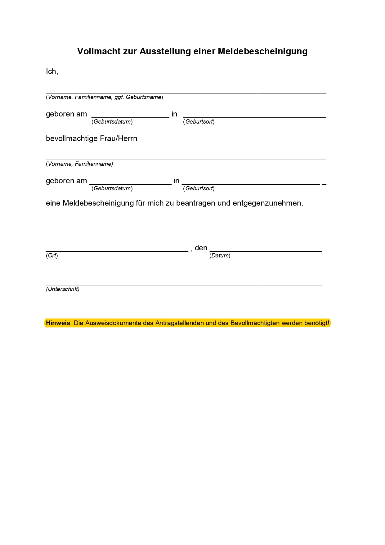 Vollmacht für Meldebescheinigung